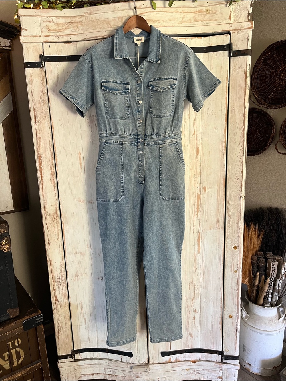 BIBI light wash denim short sleeve jumpsuit